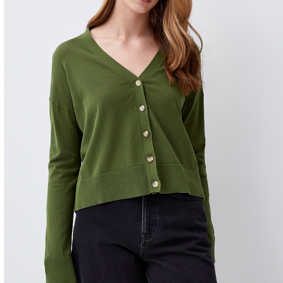 Mossy green fine-knit buttoned V-neck cardigan NWT - Picture 1 of 8